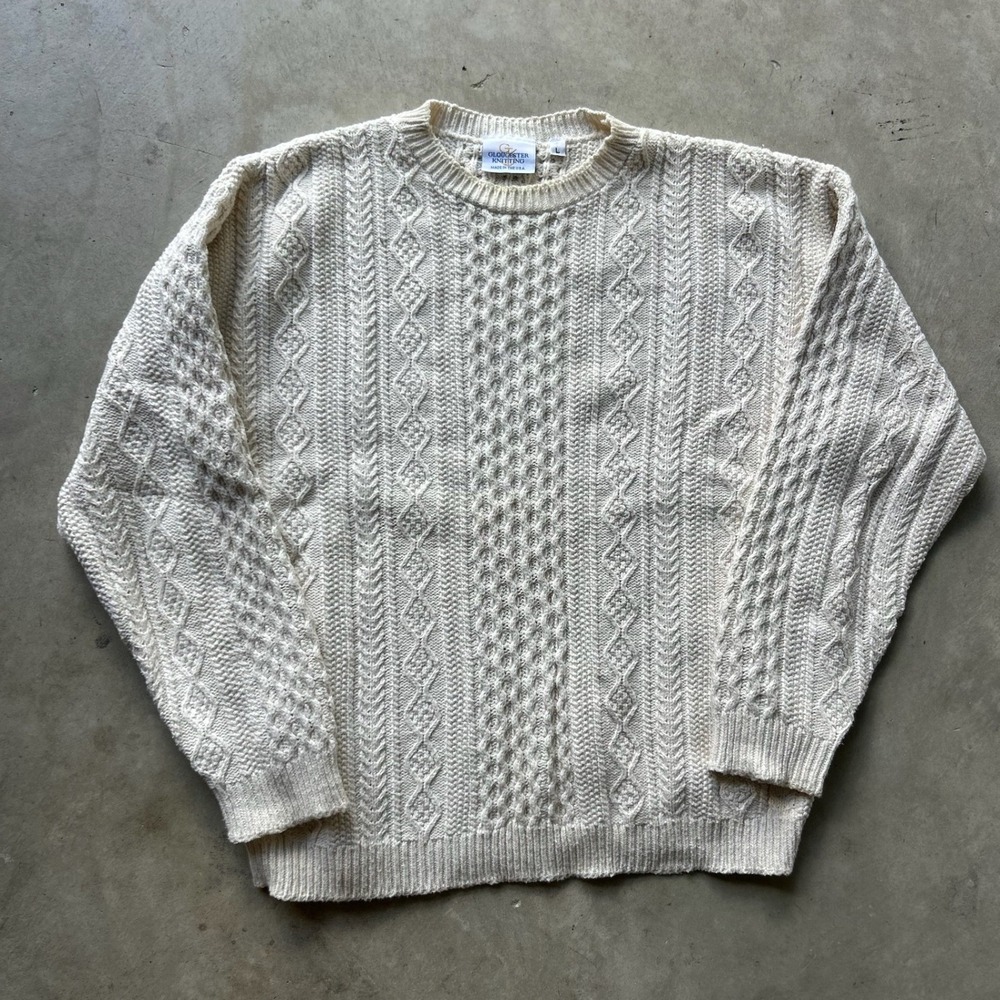 Vintage Gloucester Knitting Cream Cable Knit Sweater Mens Large Made in USA